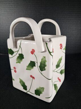 Vintage Century Holly Berry Porcelain Bag Vase Christmas Purse Planter